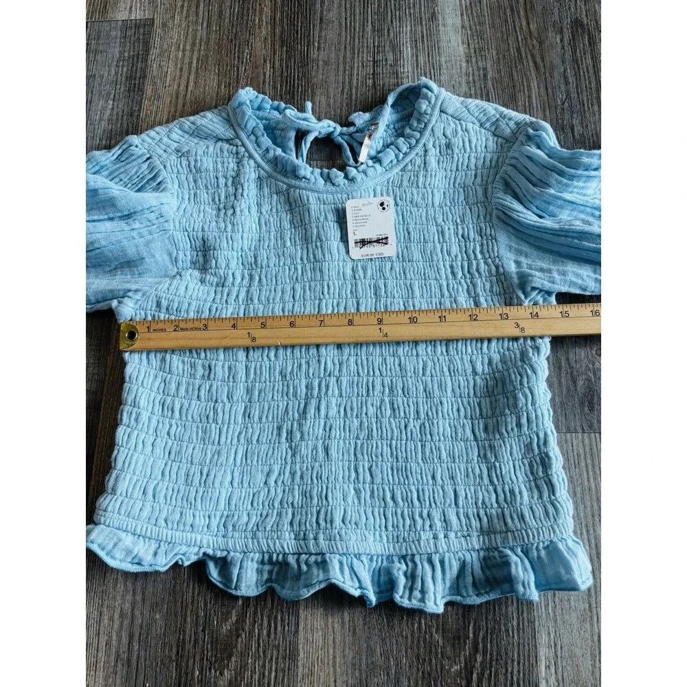 Free People A Sight To See Light Blue Smocked Gauzy Top Size Large NWT $108